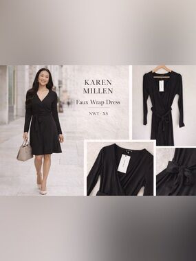 Karen Millen Black Faux Wrap Dress Long Sleeve Belted XS NWT